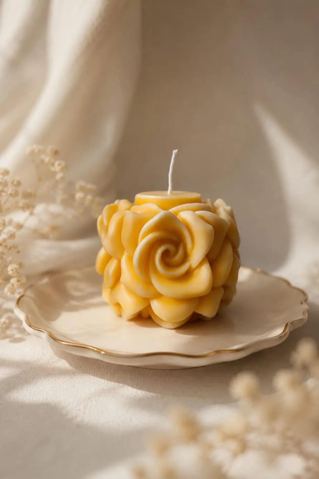 Butter yellow rose-covered cube candle on a ceramic dish