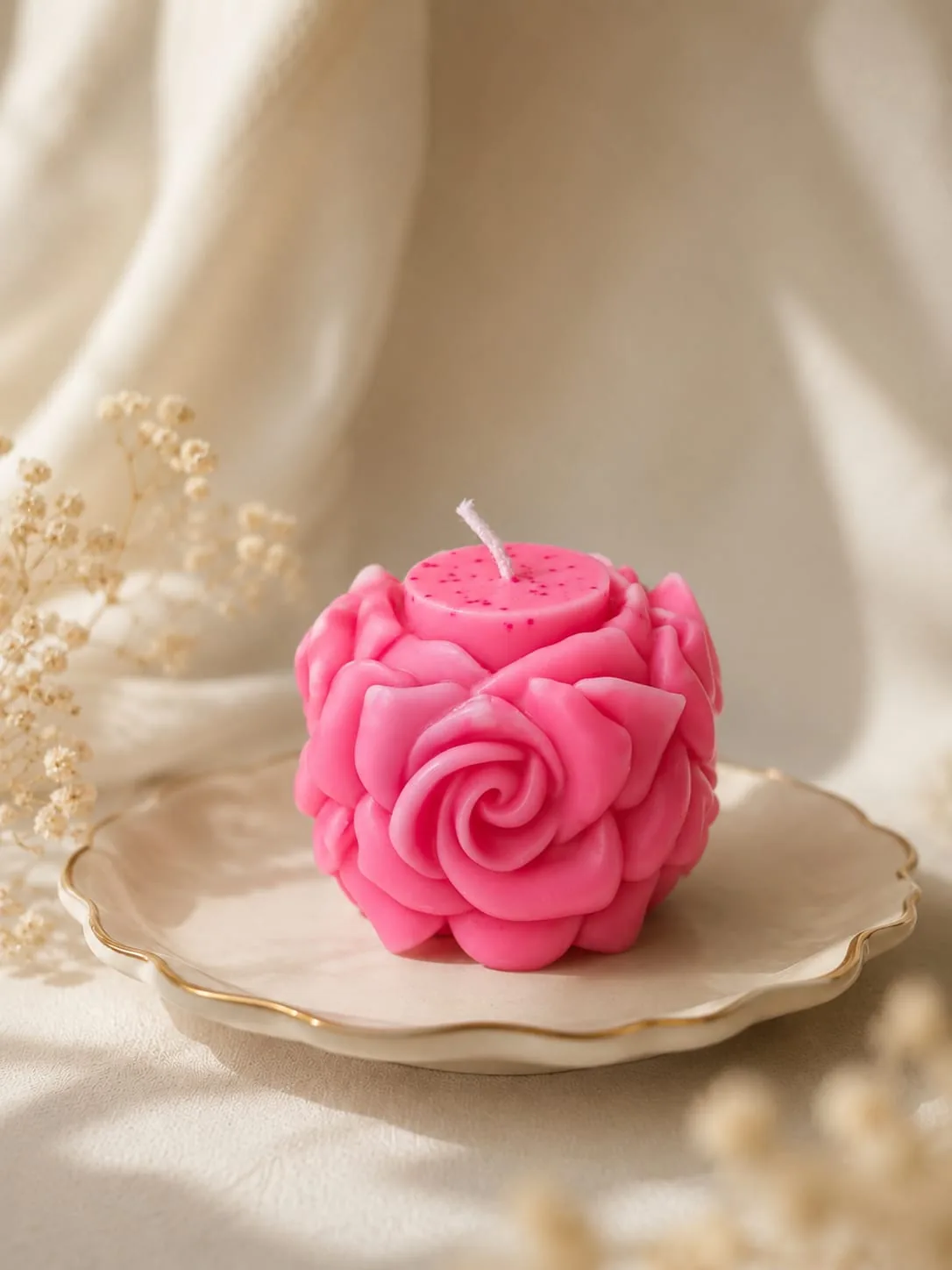 Pink rose-covered cube candle on a scalloped ceramic dish